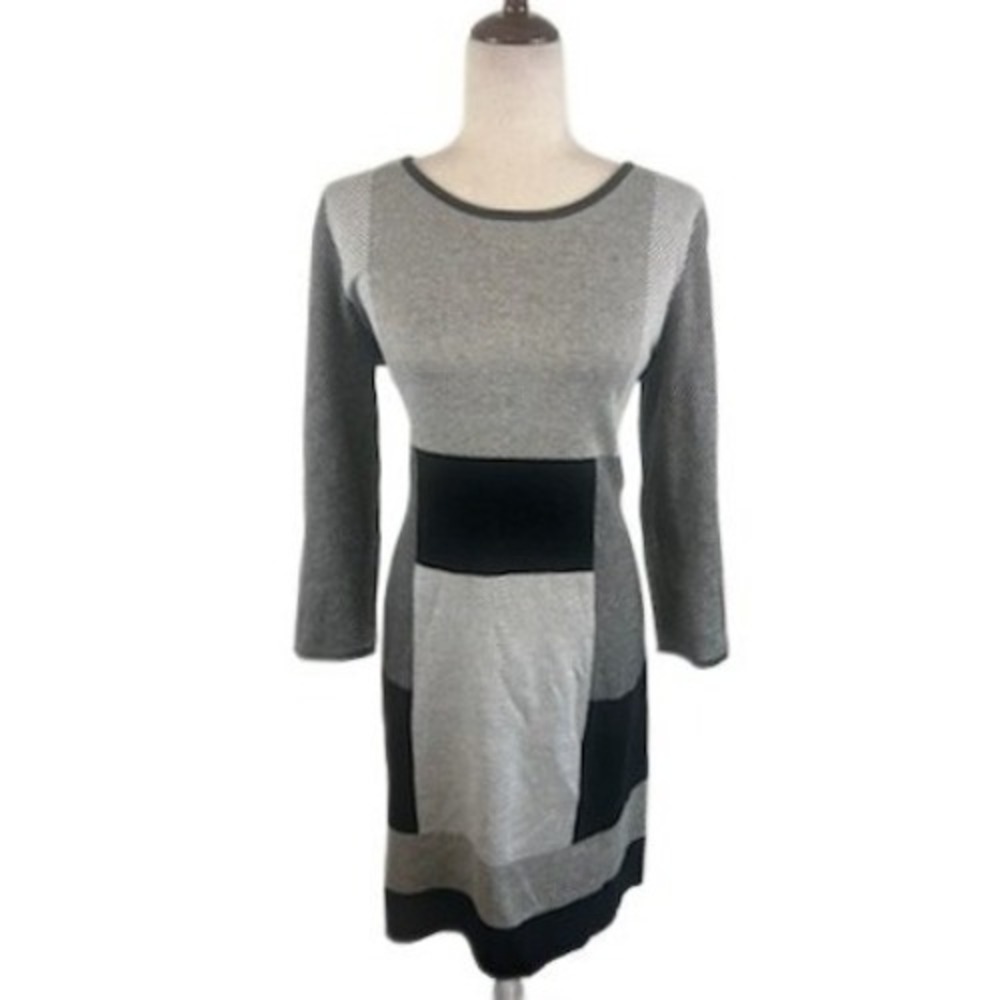 New Anne Klein Gray‎ Black Colorblock Sweater Dress Chic Size Medium